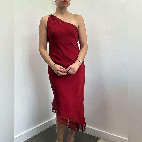 ⛔️SOLD⛔️Vintage 90's One Shoulder Asymmetric Wine Red Chiffon Midi Evening Dress - Picture 3 of 10
